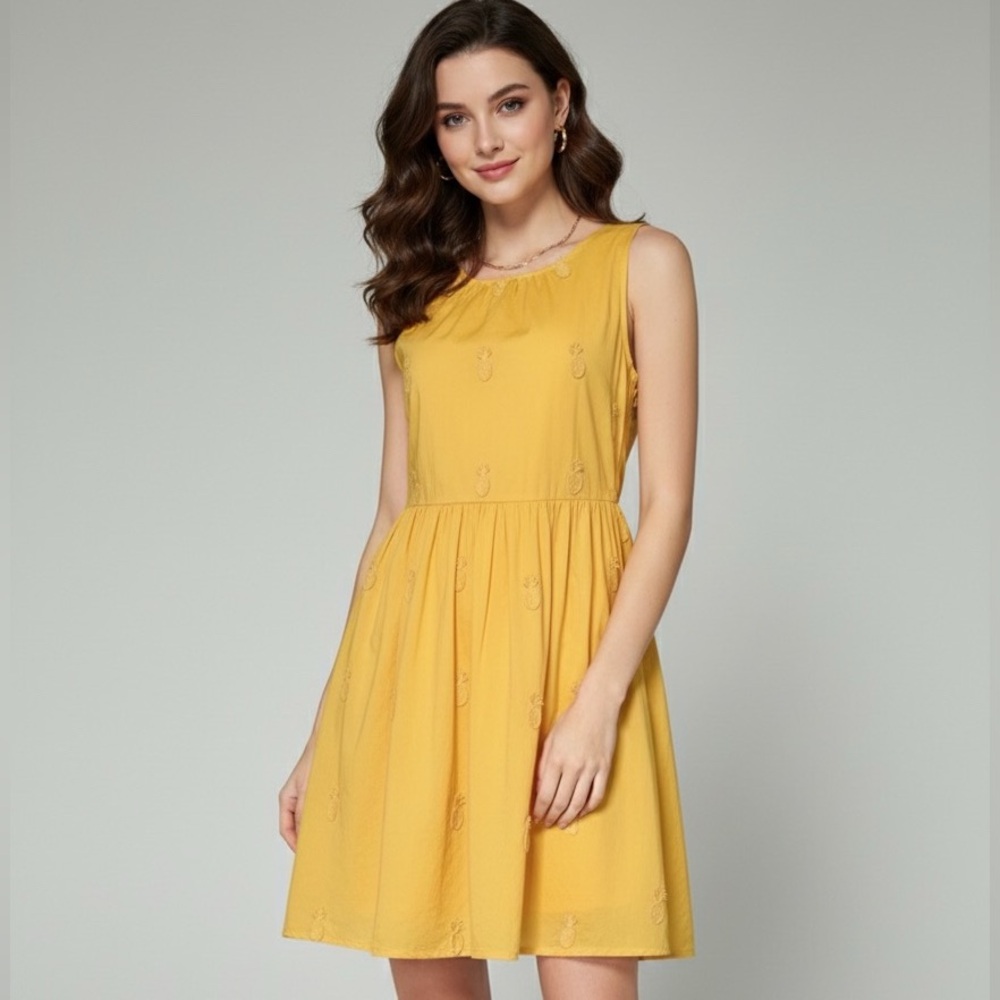J.CREW Sunny Yellow Pineapple Embroidery Sleeveless Cotton Dress Size 6 (Small)